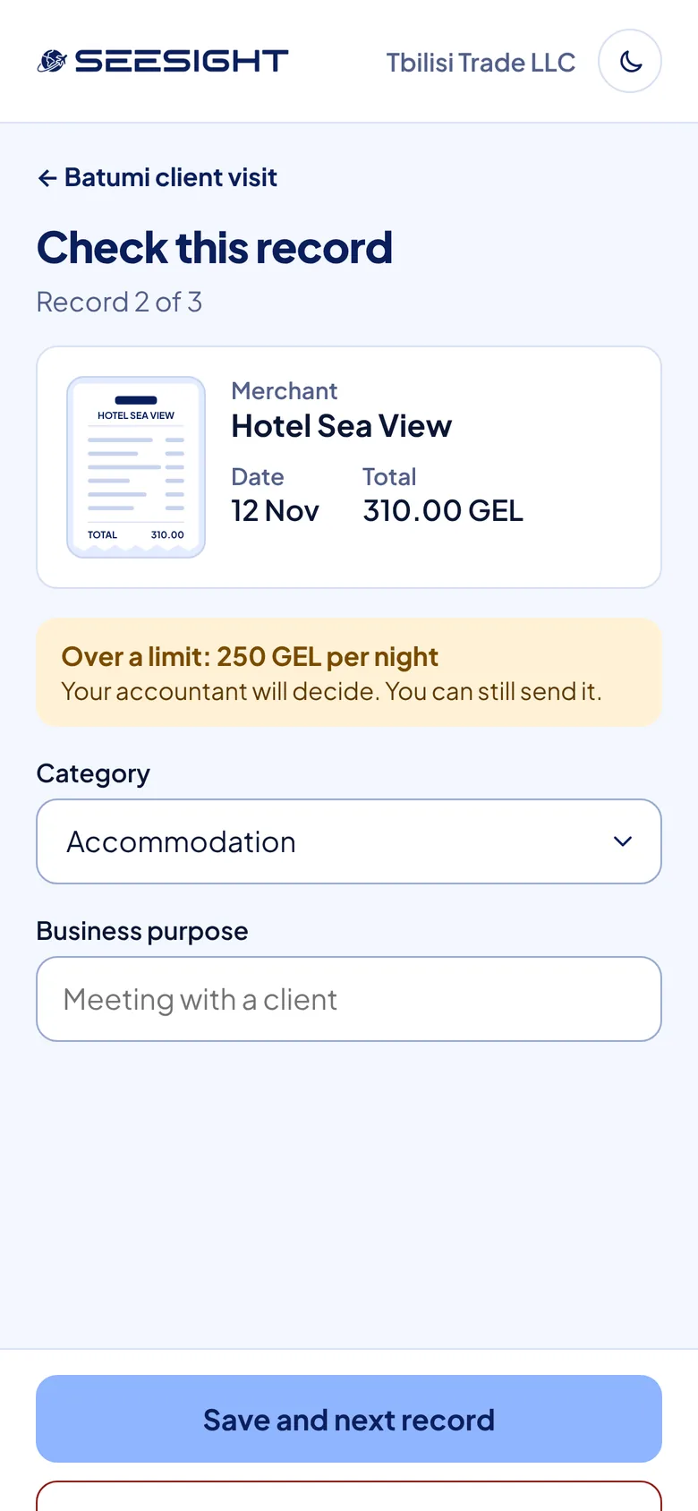 SeeSight on a phone: checking a hotel receipt SeeSight has read, flagged as over the 250 GEL nightly limit