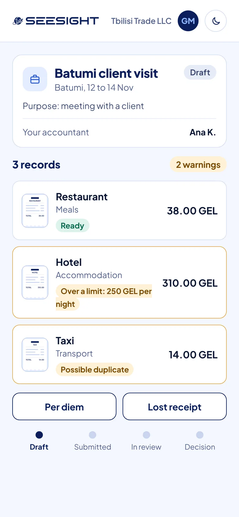 SeeSight on a phone: the Batumi client visit claim with three records and two warnings, over a limit and a possible duplicate