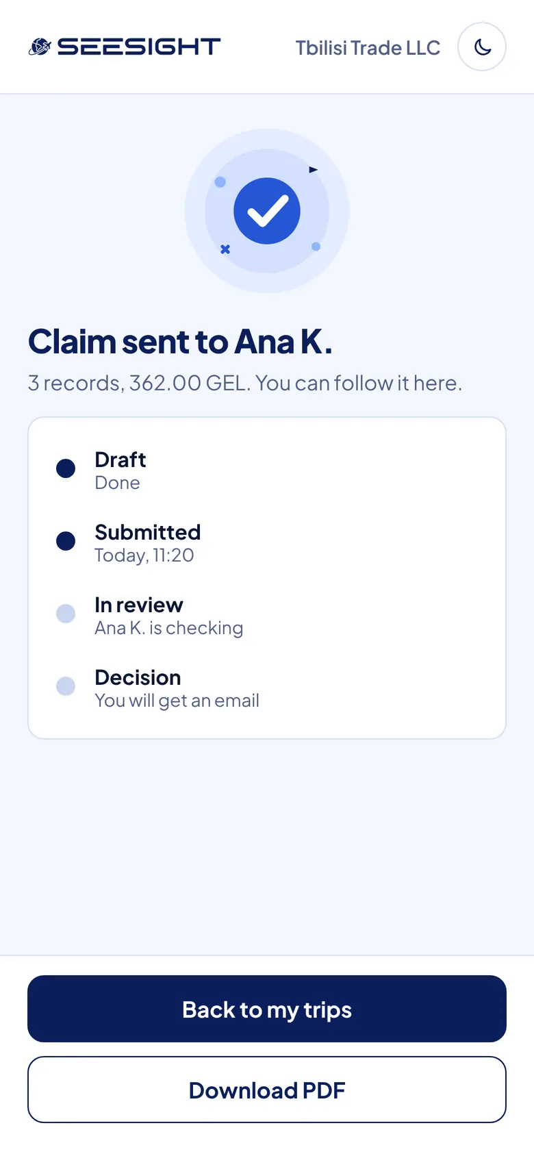 SeeSight on a phone: claim sent to the accountant, with the status timeline from draft to decision