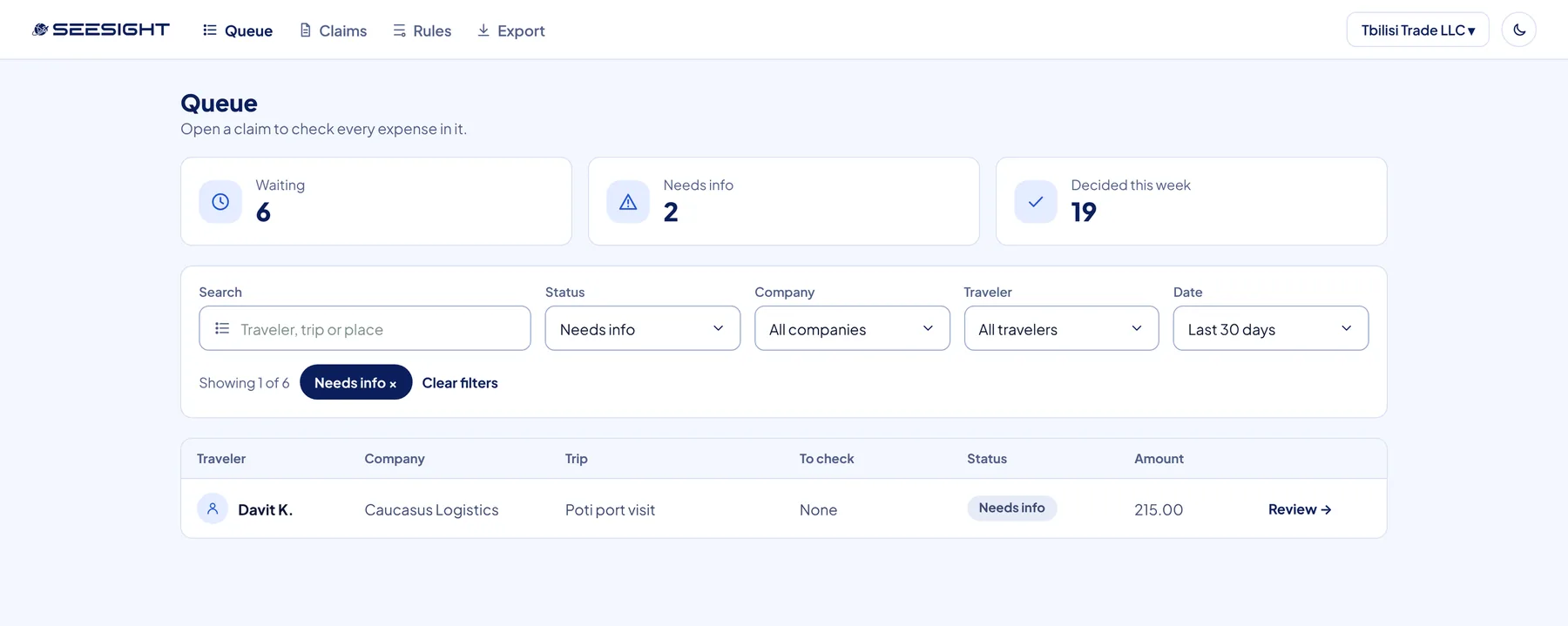 SeeSight accountant queue with search and filters by status, company, traveler and date