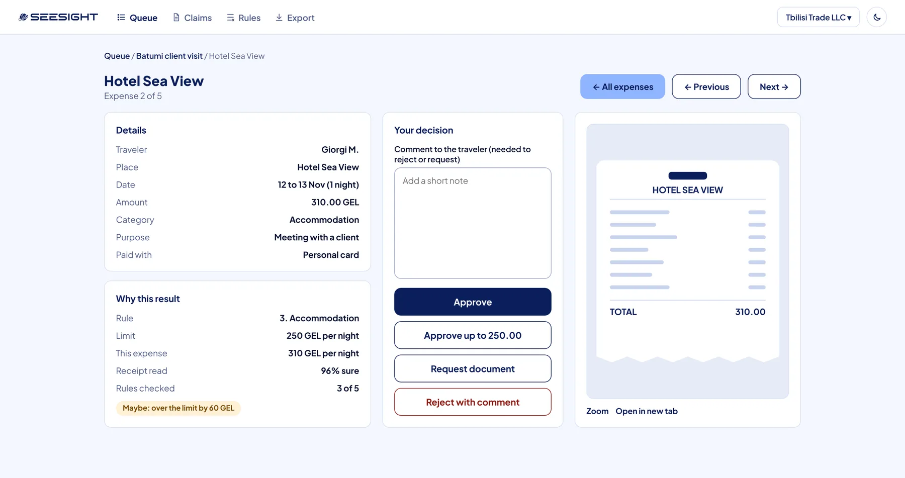 SeeSight accountant decision screen: expense details, the rule that flagged it, decision buttons and the receipt image