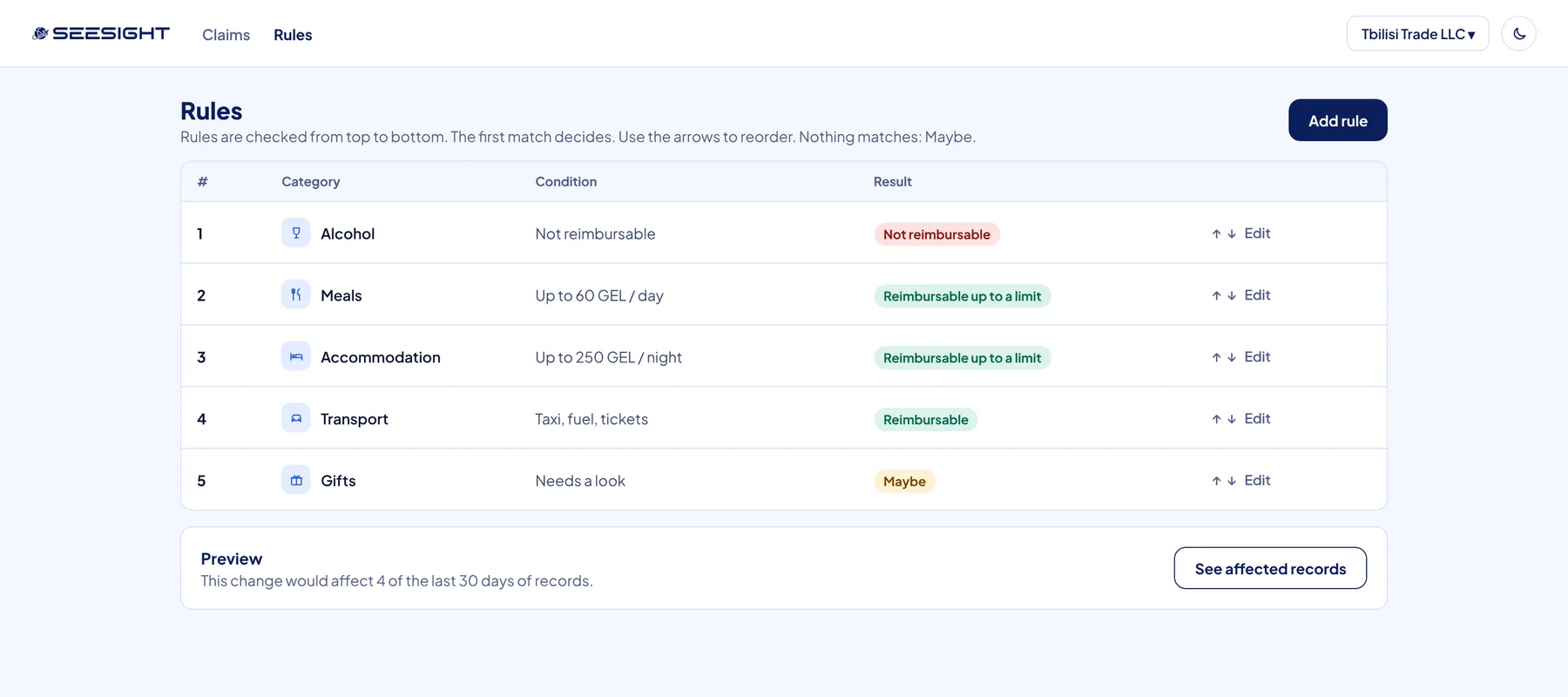 SeeSight rules screen: five rules checked from top to bottom, each with a condition and a result